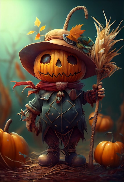 Saw scarecrow for scaring away the varon scarecrow with a pumpkin instead of the head