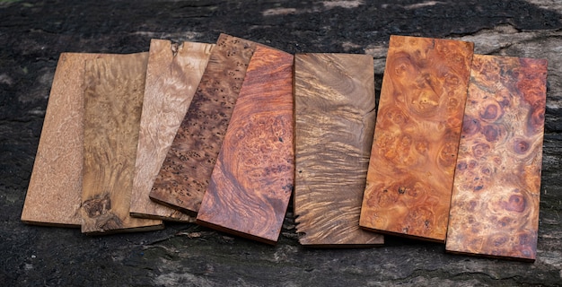 Sawed timber burl wood striped prepare for the crafts