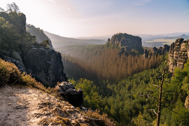 Saxon Switzerland dawn in the mountains Beautiful view of the rock Rauschenstein