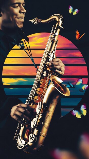 Photo saxophone and colorful butterflies flying around isolated on black for advertising design music