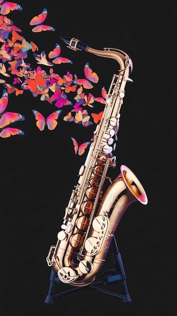 Photo saxophone and colorful butterflies flying around isolated on black for advertising design music