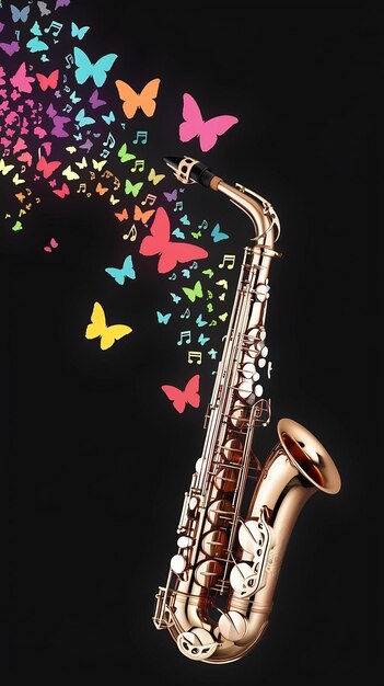 Photo saxophone and colorful butterflies flying around isolated on black for advertising design music