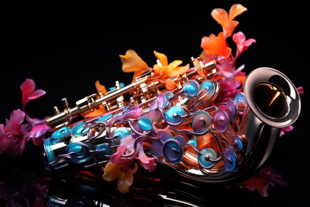 Photo saxophone and colorful butterflies flying isolated in black for advertising de generative ia