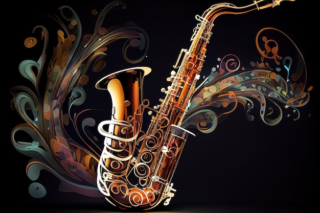 Saxophone made with watercolor brush strokes and musical notes Generative Ai