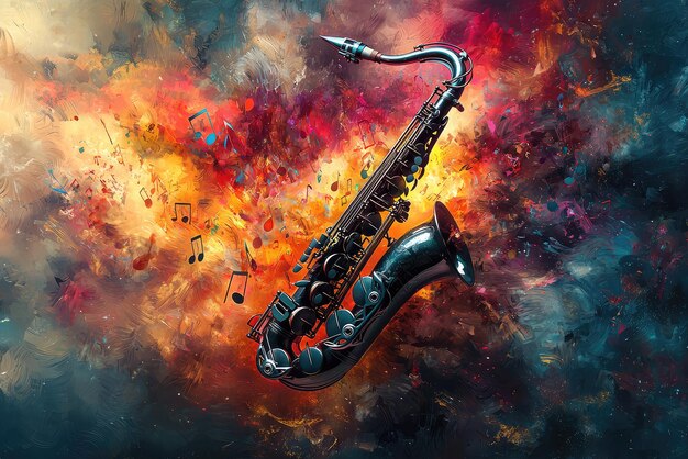 Photo a saxophone radiates vibrant musical energy bursting into a rainbow of colors that dance through the air in joyous celebration