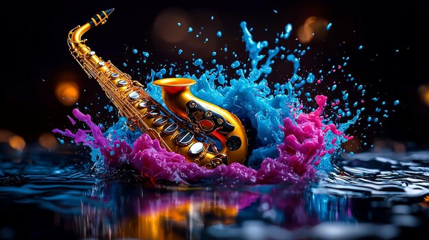 Photo saxophone splashing in blue and pink paint