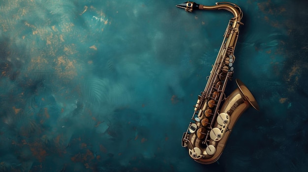 Saxophone on a textured blue background with space for text