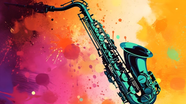 A saxophone with a colorful background