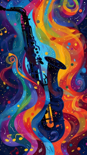 A saxophone with swirling patterns and musical notes Abstract vertical illustration Jazz music art