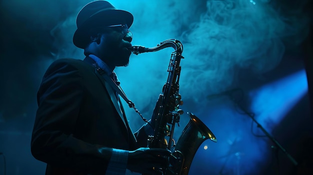 Photo saxophonist in blue haze