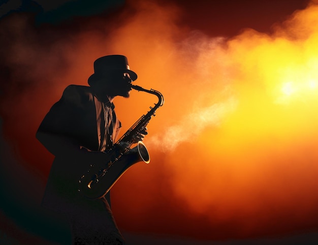 Saxophonist Middle aged man playing on saxophone Smoke background