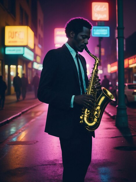 Photo saxophonist performing in neonlit urban street at night