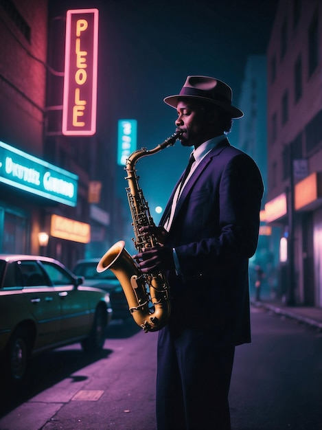 Photo saxophonist performing in neonlit urban street at night