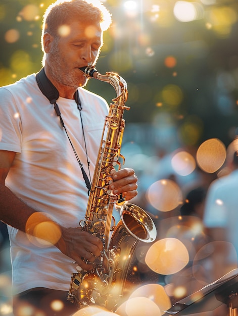 Photo saxophonist performing with band at festival with blurred background and selective focus