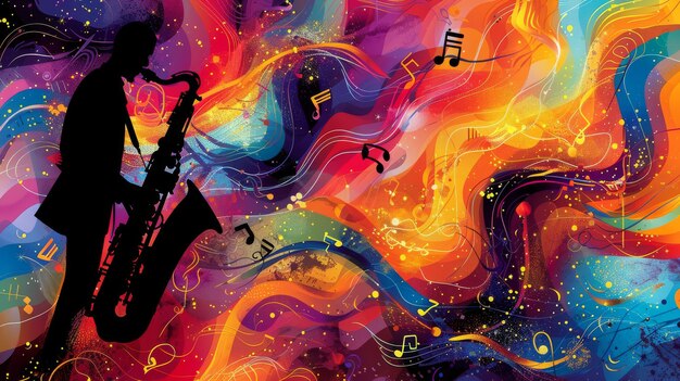 Saxophonist playing jazz music with swirling lines and notes Abstract illustration with copy space