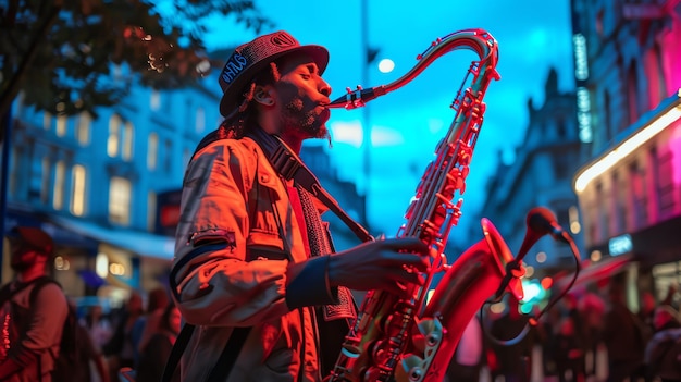 A saxophonist plays his instrument on a street corner surrounded by the colorful lights of the city