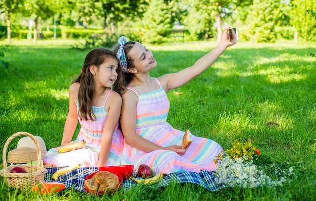 Say cheese Happy children take selfie at picnic Selfie shooting Modern life New technology Summer vacation Family gathering Eating outdoors