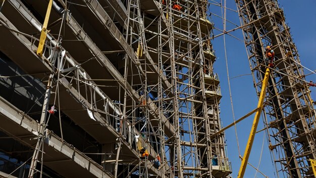 Photo scaffolding setup workers assembling a complex network of scaffolding around a tall building