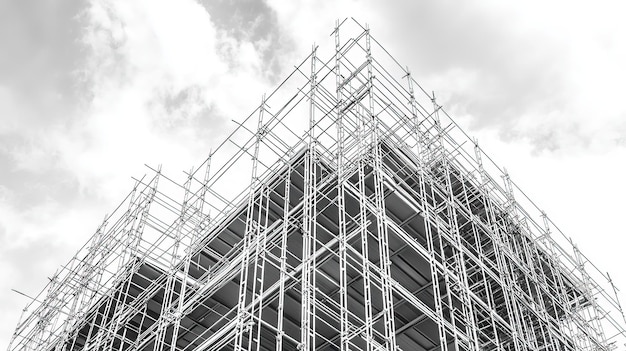 Scaffolding structure against a cloudy sky in monochrome