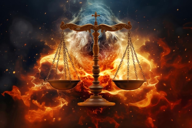 A scale of justice is engulfed in flames with a cross on top symbolizing turmoil and conflict in the concept of justice