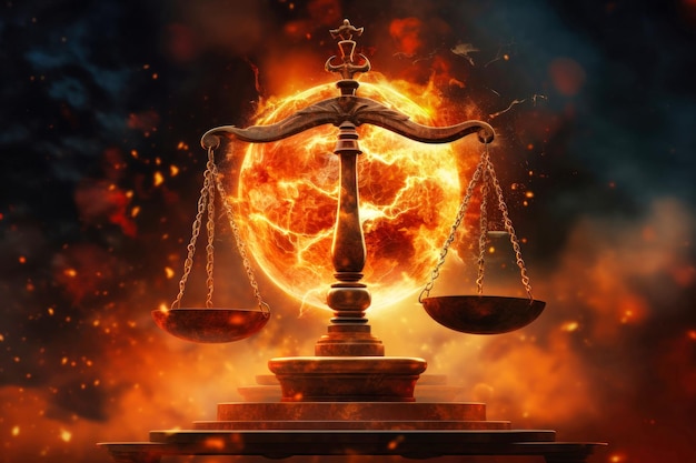 A scale of justice is positioned in front of a bright blazing sun symbolizing balance and fairness in the legal system