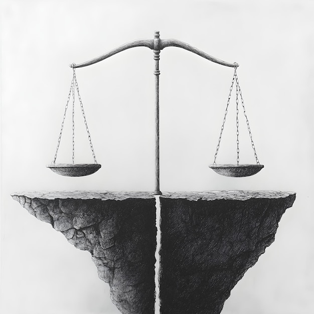 Photo scale of justice on a stone background black and white image