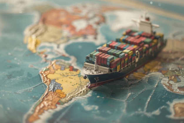 A Scale Model of a Cargo Ship Placed on a Word Map Surface