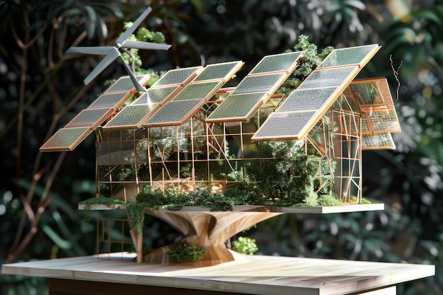 Scale model of house showcasing functional solar panels on the rooftop Create a structure that incorporates renewable energy sources such as solar panels or wind turbines