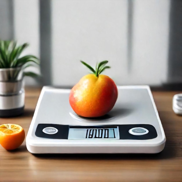 Photo a scale with a fruit on it that says  calories  on it