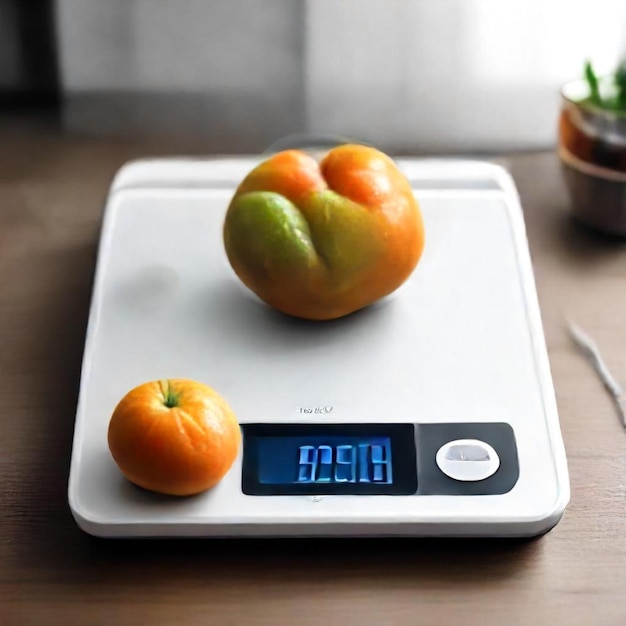 a scale with three oranges on it including one that sayss on it