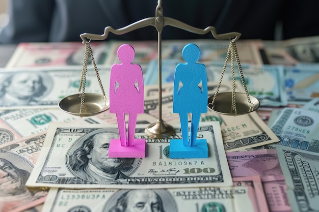 A scale with two figures on it one pink and the other blue representing a women39s entrepreneurship app project in Cairo next to US dollars in various sizes of banknotes representing an open concept