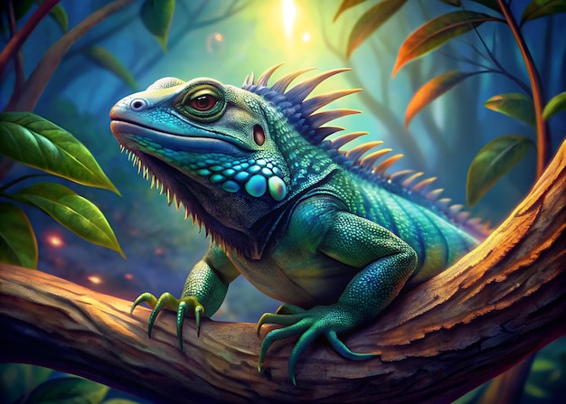 A scaled reptile lizard perched on a jungle tree branch in electric blue hues