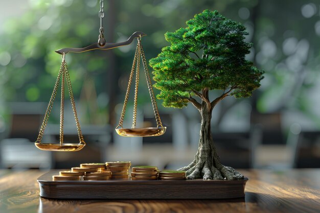 Photo scales of justice are balanced beside a money stack and a tree symbolizing equilibrium between wealt