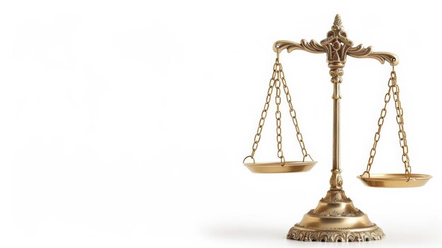 Photo scales of justice balanced perfectly isolated on white background golden scales with intricate detai