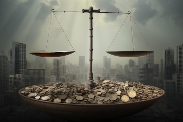 Scales of justice and coins with city background business and finance concept