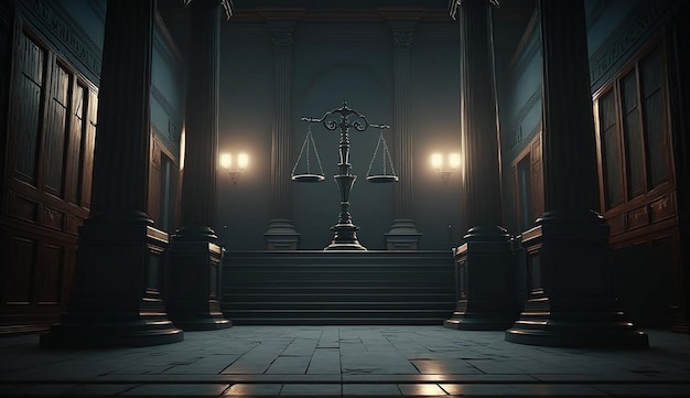 Scales of Justice in the dark Court Hall Law concept Generative AI