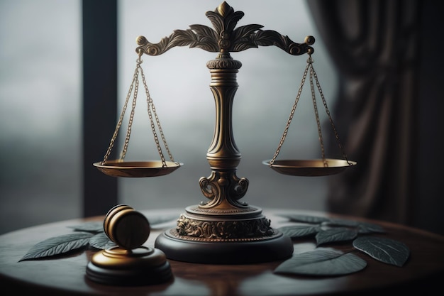 The scales of justice in detail on the table with an empty court of law in the background closeup