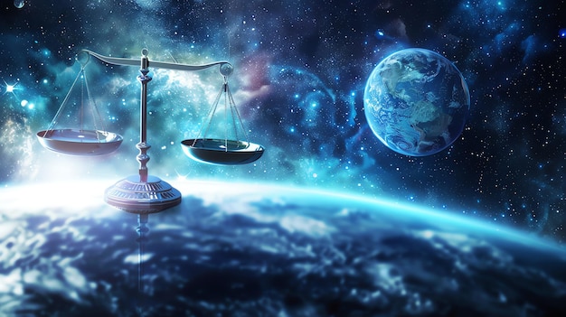 Photo scales of justice floating over planet earth in space