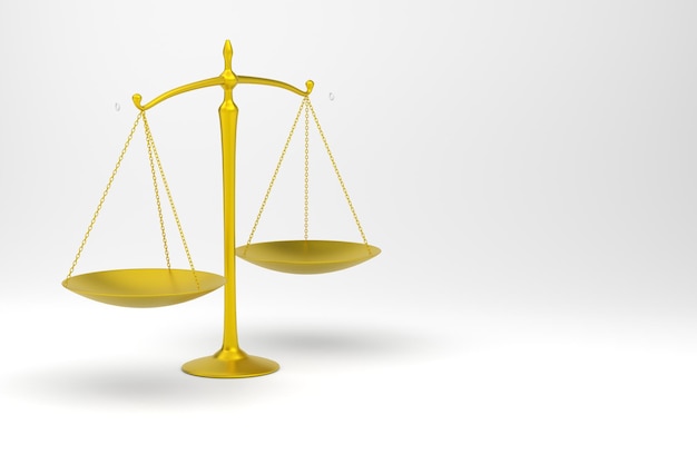 Scales of justice in golden color on a white background Turned to the side Court symbol Place for text 3d render