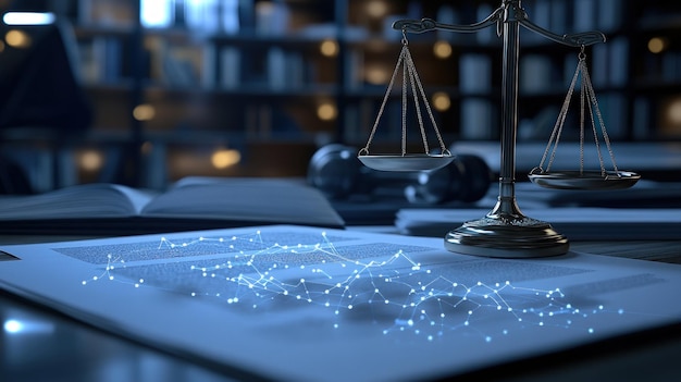 Scales of justice on a legal document with a network of glowing dots