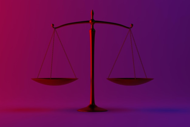 Scales of justice in red and blue lighting Bicolor Court symbol 3d render