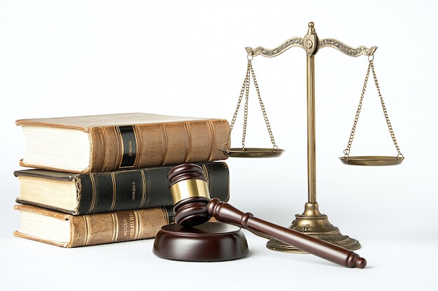 Photo scales of justice with gavel and law books symbol of the legal profession courtroom justice