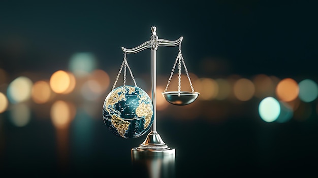 Photo scales of justice with the icj emblem hovering over a globe symbolizing balance in global affairs