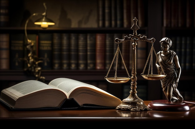 Scales of justice wooden judge gavel with law book