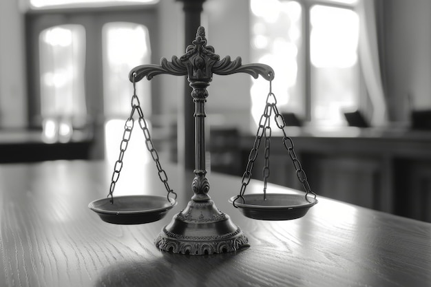 Scales of Justice on a Wooden Table