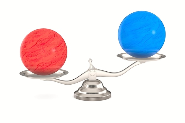 Scales with red and blue balls on white background Isolated 3D illustration