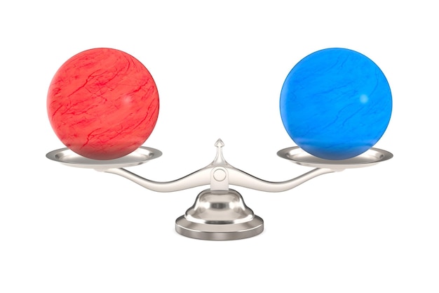 Photo scales with red and blue balls on white background isolated 3d illustration