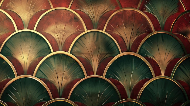 Photo scalloped patterns in bronze and green on a red and maroon art deco background