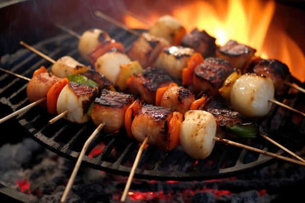 Scallops on skewers above hot beach bbq coals created with generative ai