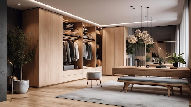 Scandi style wardrobe interior with wooden furniture in modern house